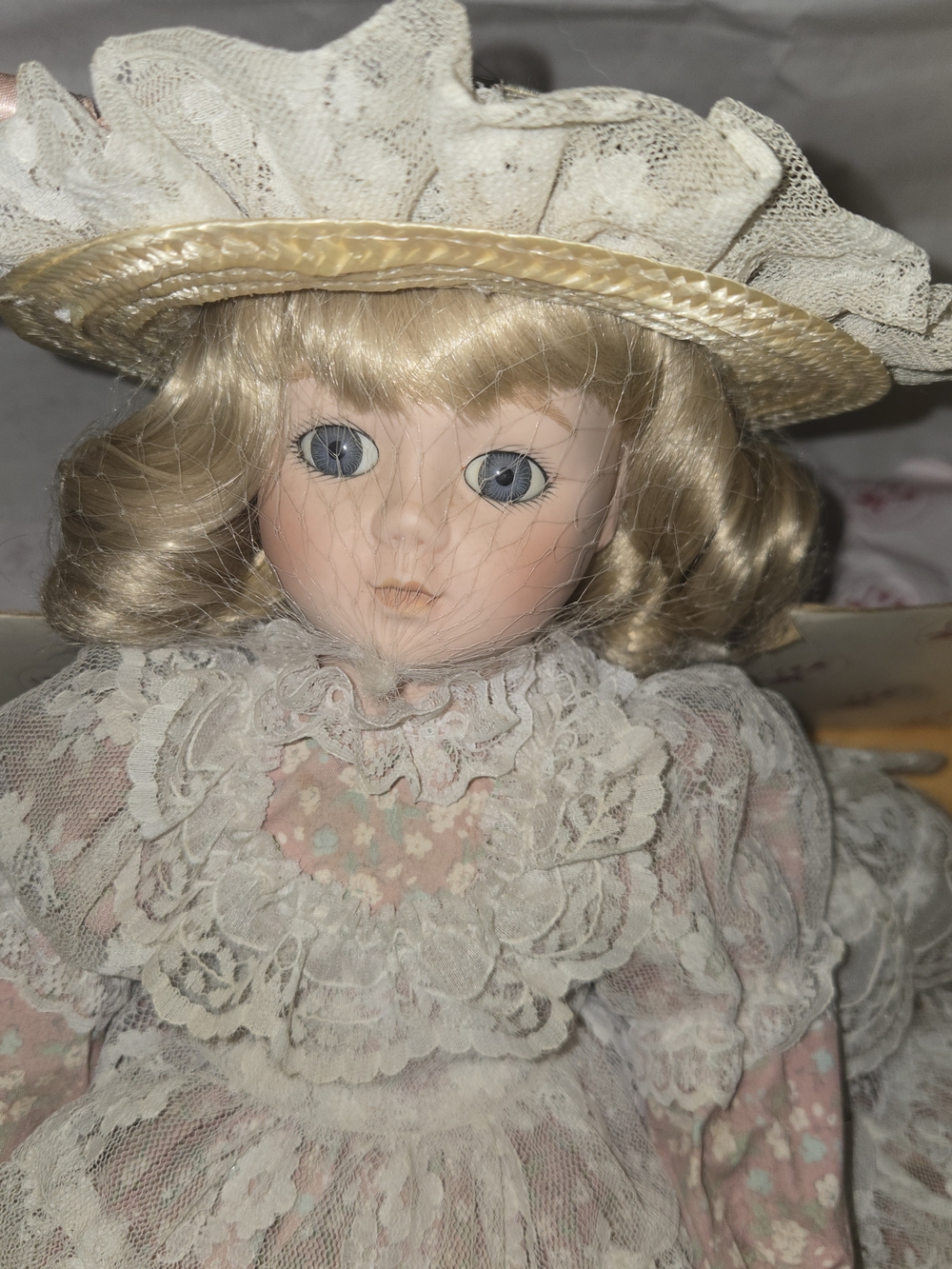 Porcelain Collector Doll with Lace Dress and Straw Hat
